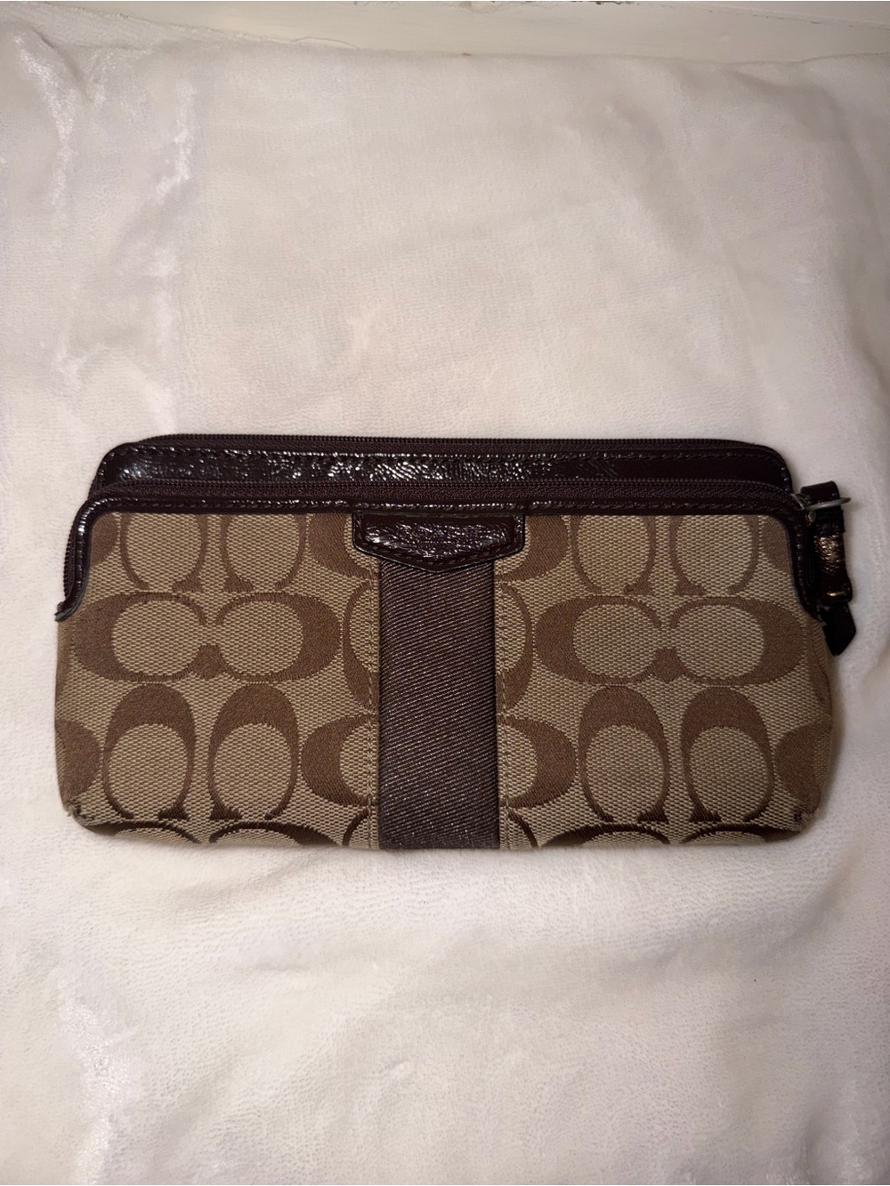 Coach Brown Signature Canvas Zip Wristlet with Dark Brown Trim